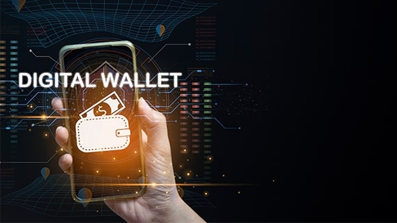 Hand holding a smartphone with a glowing digital wallet icon, showing money inside, and the text "DIGITAL WALLET" on screen.